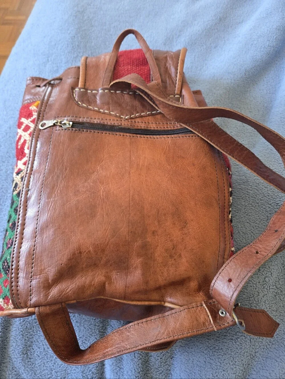 Handmade Moroccan Kilim Leather Backpack Red Southwestern Tribal Boho Rucksack - Picture 5 of 15